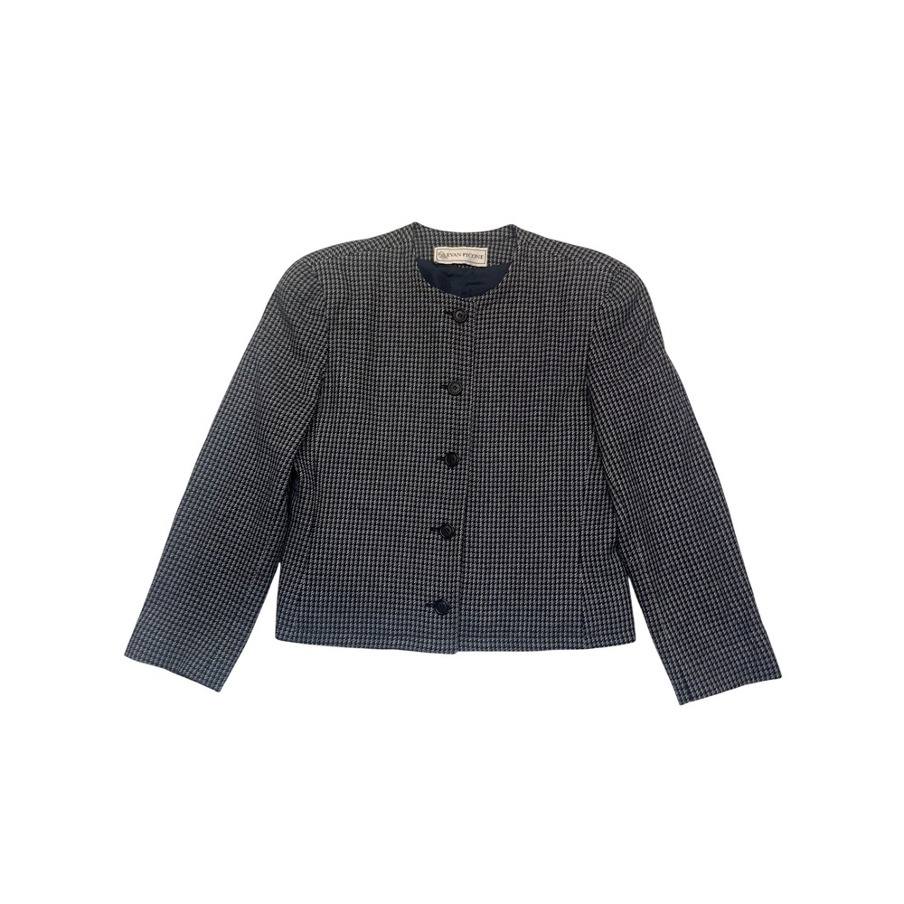 Evan-Picone Vintage Navy Gray 100% Worsted Wool Houndstooth Cropped Blazer 14